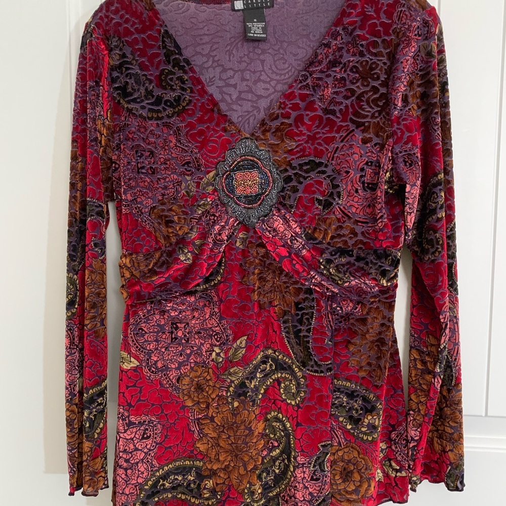 CAROLE LITTLE boho velour paisley multi beaded tunic top S